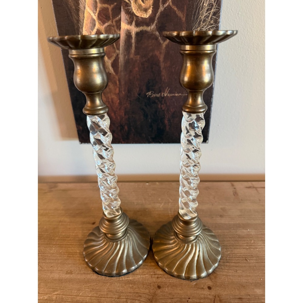 Vintage Brass and Twisted Glass Taper Candlestick Holders Pair Scalloped Base